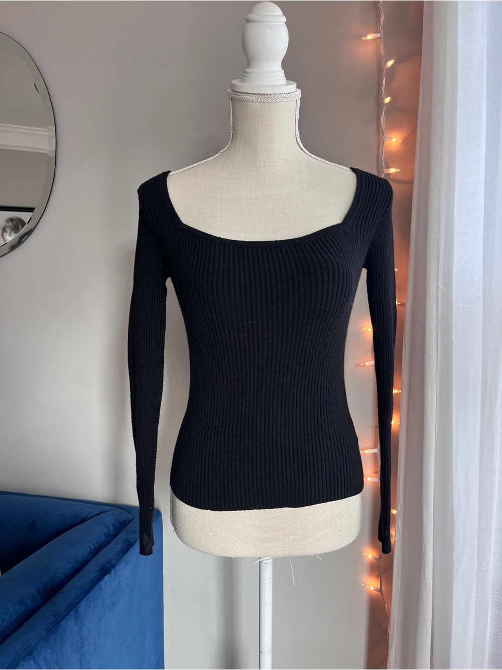 nine west black square neck sweater size xs